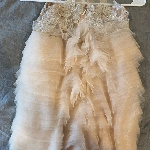Mischka Aoki Elegant Beige Kids Dress with Floral Lace